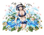  1girl bikini bikini_shorts bird black_eyes blue_bikini blue_hair bodskih bracelet breasts cleavage collarbone commentary cowboy_shot english_commentary eyewear_on_headwear flower groin hat jewelry large_breasts looking_at_viewer navel official_alternate_costume one_piece one_piece_treasure_cruise outstretched_arms seagull shiny_skin short_hair shorts solo standing sun_hat swimsuit tashigi transparent_background white_flower yellow_flower 
