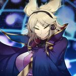  bangs blonde_hair breasts cape cape_tug colored_eyelashes earmuffs evil_eyes eyebrows_visible_through_hair glowing large_breasts looking_down parted_bangs patterned_background platinum_blonde_hair sekiyu_(spartan) short_eyebrows short_hair smile solo touhou toyosatomimi_no_miko upper_body yellow_eyes 
