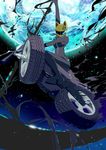  animal_ears arm_up black_bodysuit bodysuit celty_sturluson durarara!! fake_animal_ears ground_vehicle helmet holding holding_weapon moon motor_vehicle motorcycle motorcycle_helmet night outdoors polearm riding sky solo star_(sky) starry_sky weapon winni_wc 