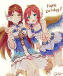  angel_wings aqua_eyes artist_name backlighting bare_shoulders circlet commentary_request crop_top cross-laced_clothes dress flower gogi hair_ornament hairclip happy_birthday highres kurosawa_ruby long_hair looking_at_viewer love_live! love_live!_school_idol_festival love_live!_sunshine!! multiple_girls open_mouth orange_eyes red_hair sakurauchi_riko simple_background skirt smile spaghetti_strap v wings 