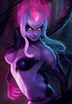  ass bare_shoulders breasts domeano evelynn facial_mark fingernails glowing glowing_eyes hair_between_eyes half-closed_eyes highres league_of_legends lipstick looking_at_viewer makeup mascara medium_breasts navel pink_lipstick purple_skin sharp_fingernails solo stomach white_hair yellow_eyes 