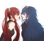  blue_eyes blue_hair fire_emblem fire_emblem:_kakusei long_hair lucina multiple_girls red_eyes red_hair selena_(fire_emblem) smile tiara tusia twintails white_background yuri 