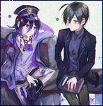  2boys ahoge chains couple danganronpa gold_eyes hat jacket jewelry key matching_hair/eyes multiple_boys nail_polish new_danganronpa_v3 ouma_kokichi purple_eyes purple_hair ring saihara_shuuichi short_hair sitting 