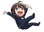  ahoge androgynous bad_id bad_twitter_id brown_hair chibi commentary formal idolmaster idolmaster_side-m long_hair male_focus ponytail producer_(idolmaster_side-m_anime) sayshownen simple_background smile solo suit twitter_username white_background 
