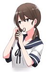  black_eyes brown_hair commentary_request hair_half_undone hair_tie hair_tie_in_mouth holding holding_hair jpeg_artifacts kantai_collection low_twintails morinaga_miki mouth_hold school_uniform serafuku shirayuki_(kantai_collection) simple_background solo twintails upper_body white_background 