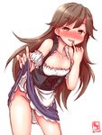  2017 alternate_costume apron arashio_(kantai_collection) bangs blush brown_eyes brown_hair commentary_request cowboy_shot dated dirndl dress dress_lift eyebrows_visible_through_hair female_pervert german_clothes highres kanon_(kurogane_knights) kantai_collection long_hair looking_at_viewer naughty_face no_panties nose_blush open_mouth pervert pinky_out simple_background smile solo underbust waitress white_background 