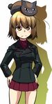  animal animal_on_head bangs black_cat black_jacket cat closed_mouth cowboy_shot dress_shirt eyebrows_visible_through_hair frown girls_und_panzer hands_on_hips jacket kuromorimine_military_uniform long_sleeves looking_up mauko_(girls_und_panzer) military military_uniform miniskirt no_hat no_headwear on_head pleated_skirt r-ex red_shirt red_skirt shirt short_hair silhouette simple_background skirt solo standing uniform white_background 
