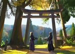  blurry bougu day depth_of_field fighting_stance hakama japanese_clothes kendo mountain original outdoors shinai sketch snatti sword torii tree weapon 