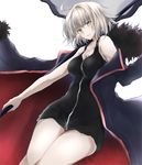  ahoge bare_shoulders breasts cape dutch_angle fate/grand_order fate_(series) fur-trimmed_cape fur_trim grey_hair jeanne_d'arc_(alter)_(fate) jeanne_d'arc_(fate)_(all) jewelry looking_at_viewer medium_breasts necklace short_hair sketch smile solo standard_bearer thigh_gap thighs white_background wicked_dragon_witch_ver._shinjuku_1999 yellow_eyes yuki_maccha_(yukimattya10) 