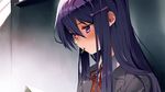  against_wall bangs blush book chocolate collared_shirt doki_doki_literature_club eyebrows_visible_through_hair game_cg grey_jacket hair_ornament hairclip jacket looking_down mouth_hold non-web_source open_book purple_eyes purple_hair reading satchely school_uniform shirt sitting solo white_shirt yuri_(doki_doki_literature_club) 