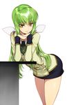  arm_support bangs belt belt_buckle black_skirt blush buckle buttons c.c. code_geass commentary_request cowboy_shot creayus gold_trim green_hair green_neckwear hair_between_eyes hair_ribbon leaning_forward long_hair long_sleeves miniskirt necktie parted_lips ribbon shiny shiny_skin sidelocks simple_background skirt sleeve_cuffs smile solo standing table thighs tsurime uniform very_long_hair white_background white_ribbon yellow_eyes 