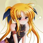  armlet bangs bare_shoulders black_leotard black_ribbon blonde_hair blush breasts brown_eyes closed_mouth commentary_request eyebrows_visible_through_hair fate_testarossa hair_ribbon leotard long_hair looking_at_viewer lyrical_nanoha magical_girl mahou_shoujo_lyrical_nanoha narurun_(final123) parted_bangs pink_skirt ribbon sidelocks skirt sleeveless small_breasts smile solo twintails upper_body yellow_background 