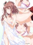  bra breasts brown_hair closed_eyes heart highres kantai_collection large_breasts long_hair mikage_takashi multiple_views naked_towel saratoga_(kantai_collection) side_ponytail sidelocks smile thighhighs towel translated twitter_username underwear white_bra 