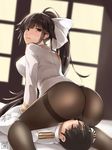  1girl akatsuki_akane ass azur_lane black_hair blush bow breasts girl_on_top gloves hair_bow hetero highres large_breasts lips long_hair looking_back military military_uniform pantyhose ponytail short_hair smelling sweat takao_(azur_lane) uniform very_long_hair white_gloves 