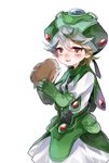 animal blush dress fetonmax gloves green_dress green_hair grey_hair hair_flaps hat highres holding holding_animal made_in_abyss meinya_(made_in_abyss) multicolored_hair open_mouth pet prushka red_eyes short_hair smile two-tone_hair white_background white_dress 