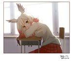  2017 artist_name bangs bent_over bird_wings blush breasts chair commentary_request covered_mouth crossed_arms dated desk eyebrows eyebrows_visible_through_hair eyelashes feathered_wings fur_trim gloves gradient_hair head_wings indoors japanese_crested_ibis_(kemono_friends) kemono_friends leaning leaning_forward light long_hair long_sleeves looking_at_viewer miniskirt multicolored_hair pantyhose pink_ribbon pleated_skirt red_gloves red_hair red_legwear red_skirt ribbon roonhee school_chair school_desk shirt sidelocks sitting skirt small_breasts solo tareme two-tone_hair upper_body white_hair white_shirt white_wings window wings yellow_eyes 