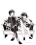  2boys blazer buttons checkered_scarf couple danganronpa grin jacket long_sleeves multiple_boys new_danganronpa_v3 ouma_kokichi pants pillow saihara_shuuichi scarf school_uniform shirt short_hair sitting straitjacket tadano_mya uniform 