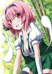  :d bandages black_legwear blush breasts cleavage cosplay green_eyes hairband hitodama japanese_clothes konpaku_youmu konpaku_youmu_(cosplay) looking_at_viewer medium_breasts nori_tamago open_mouth pink_hair red_eyes revision saigyouji_yuyuko short_hair skirt smile solo thighhighs touhou 