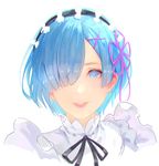  bangs black_ribbon blue_eyes blue_hair commentary hair_ornament hair_over_one_eye hairband hairclip looking_at_viewer maid neck_ribbon parted_lips pink_lips re:zero_kara_hajimeru_isekai_seikatsu rem_(re:zero) ribbon shirt short_hair shuichi_wada simple_background smile solo white_background white_shirt x_hair_ornament 