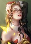  absurdres alternate_hair_color arm_up black_nails blonde_hair breasts cleavage destincelly earrings glasses highres jewelry large_breasts league_of_legends looking_at_viewer nail_polish parted_lips red_eyes red_nails ring shauna_vayne solo upper_body 