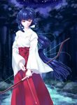  arrow bangs blue_hair blurry blurry_background bow bow_(weapon) brown_eyes cowboy_shot floating_hair forest hair_bow hakama highres holding holding_arrow holding_bow_(weapon) holding_weapon inuyasha japanese_clothes kikyou_(inuyasha) kimono long_hair looking_away miko namo nature night outdoors red_hakama solo standing very_long_hair water weapon white_kimono wide_sleeves 