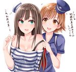  2girls :d assisted_exposure bangs bare_shoulders blue_hat blush bra_strap breast_pocket breasts brown_eyes brown_hair cleavage collarbone commentary_request eyebrows_visible_through_hair green_eyes hand_on_another's_shoulder hat highres honda_mio idolmaster idolmaster_cinderella_girls idolmaster_cinderella_girls_starlight_stage light_brown_hair long_hair long_sleeves medium_breasts multiple_girls necktie off-shoulder_shirt open_mouth pocket police police_hat police_uniform prison_clothes pulled_by_another red_neckwear shibuya_rin shirt shirushiru_(saitou888) short_hair short_sleeves simple_background sleeves_pushed_up smile strap_pull striped striped_shirt sweat tareme translation_request uniform upper_body white_background yuri 