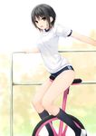  aoyama_sumika bangs black_hair blue_buruma blush brown_eyes buruma coffee-kizoku commentary_request d: day eyebrows_visible_through_hair gym_shirt gym_uniform highres kneehighs legs looking_at_viewer open_mouth original outdoors shirt short_hair short_sleeves sidelocks solo thighs unicycle white_legwear white_shirt 