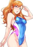  :o ahoge arm_up bare_arms bare_shoulders blue_eyes blue_swimsuit blush breasts commentary_request competition_swimsuit covered_navel cowboy_shot d: eyebrows_visible_through_hair groin heterochromia highleg highleg_swimsuit highres idolmaster idolmaster_(classic) idolmaster_one_for_all leon_(idolmaster) long_hair looking_at_viewer medium_breasts one-piece_swimsuit open_mouth pink_eyes ponytail sidelocks simple_background skin_tight solo standing swimsuit tsurime tsurui white_background 