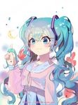  acorn_(cat1cat) bangs blue_eyes blue_hair blush closed_mouth commentary_request email_address hair_between_eyes hair_twirling hatsune_miku highres long_hair looking_at_viewer pink_shirt pointing pointing_up shirt smile solo twintails upper_body vocaloid watermark 