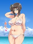  arm_behind_back bangs belly bikini blush breasts brown_hair cleavage collarbone curvy enoshima_iki glasses hand_to_head large_breasts long_hair looking_at_viewer navel original plump side_ponytail smile standing swimsuit 