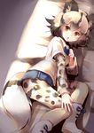  :o absurdres african_wild_dog_(kemono_friends) african_wild_dog_print animal_ears bangs bed_sheet black_hair blue_bow blue_neckwear blue_ribbon blue_shorts blush bow bowtie breasts collared_shirt dog_ears dog_tail eyebrows eyebrows_visible_through_hair eyelashes flipped_hair hair_between_eyes hand_on_own_chest highres kanzakietc kemono_friends legwear_under_shorts light light_brown_hair long_sleeves looking_away looking_to_the_side lying multicolored multicolored_clothes multicolored_hair multicolored_legwear on_side open_mouth orange_eyes pantyhose pantyhose_under_shorts ribbon shirt short_hair short_over_long_sleeves short_sleeves shorts small_breasts solo tail teeth torn_clothes torn_shorts two-tone_hair white_footwear white_shirt 