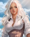  blue_sky breasts cleavage cloud cloudy_sky collared_shirt commentary commission day highres large_breasts lipstick long_hair long_sleeves looking_away looking_to_the_side makeup nguyen_uy_vu original outdoors parted_lips photoshop_(medium) red_lipstick shirt sky solo underbust upper_body white_hair white_shirt yellow_eyes 