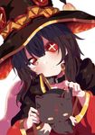  1girl animal bangs black_hair blush cape clavicle collar dress eyebrows_visible_through_hair eyepatch female hat highres kenkou3733 kono_subarashii_sekai_ni_shukufuku_wo! long_sleeves looking_at_viewer megumin red_dress red_eyes short_hair simple_background solo white_background witch_hat 