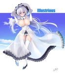  ass_visible_through_thighs azur_lane blue_eyes blush breasts c.r. character_name cleavage commentary_request dress elbow_gloves gloves hair_ornament hair_ribbon hands_on_headwear hat highres illustrious_(azur_lane) large_breasts long_hair looking_at_viewer low_ponytail md5_mismatch mole mole_under_eye panties ponytail ribbon sidelocks smile solo thighhighs tress_ribbon underwear very_long_hair white_dress white_gloves white_hair white_legwear 