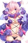  :d animal_ears blush breasts claw_pose cowboy_shot dangerous_beast elbow_gloves fang fate/grand_order fate_(series) fur_trim gloves hair_over_one_eye halloween_costume lavender_hair looking_at_viewer mash_kyrielight medium_breasts navel nogi_takayoshi o-ring o-ring_top open_mouth paw_pose purple_eyes short_hair smile solo stomach tail thighhighs wolf_ears wolf_tail 