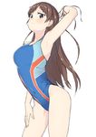  arched_back arm_up armpits blue_swimsuit breasts brown_eyes brown_hair competition_swimsuit contrapposto covered_navel cowboy_shot hand_on_own_thigh idolmaster idolmaster_cinderella_girls large_breasts leaning_forward long_hair nitta_minami one-piece_swimsuit simple_background solo standing swimsuit tunamayochan white_background 