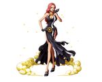  baccarat_(one_piece) black_gloves bodskih breasts cleavage cleavage_cutout dress full_body gloves hand_on_hip high_heels huge_breasts long_hair one_piece one_piece_film_gold red_hair sleeveless sleeveless_dress solo standing transparent_background 