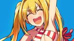  :d ^_^ arm_up bikini blonde_hair blue_background close-up closed_eyes criss-cross_halter earrings fate/extra fate/grand_order fate_(series) halterneck jewelry long_hair nero_claudius_(fate)_(all) nero_claudius_(swimsuit_caster)_(fate) open_mouth sayshownen simple_background smile solo striped striped_bikini swimsuit twintails 