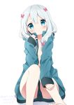  bangs blue_eyes blush bow breasts closed_mouth collarbone dated eromanga_sensei eyebrows_visible_through_hair hair_bow head_tilt highres holding izumi_sagiri jacket long_hair looking_at_viewer low-tied_long_hair naked_coat neki_(wakiko) open_clothes open_jacket pink_bow shadow silver_hair sitting sleeves_past_wrists small_breasts solo stylus tareme toes twitter_username white_background 