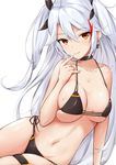  azur_lane bangs bikini black_bikini black_bow blush bow breasts closed_mouth collarbone commentary_request earrings eyebrows_visible_through_hair flag_print german_flag german_flag_bikini hair_between_eyes hair_bow hair_flaps hand_up highlights highres hoshimiya_mashiro index_finger_raised iron_cross jewelry large_breasts long_hair looking_at_viewer mole mole_on_breast multicolored_hair navel prinz_eugen_(azur_lane) red_eyes red_hair side-tie_bikini sidelocks silver_hair simple_background smile solo swimsuit thigh_strap tsurime two_side_up white_background 