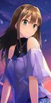  artist_name ashita_(2010) bare_shoulders blush brown_hair commentary_request eyebrows_visible_through_hair flat_chest green_eyes idolmaster idolmaster_cinderella_girls jewelry jpeg_artifacts long_hair looking_at_viewer necklace off_shoulder shibuya_rin sketch smile solo twilight 
