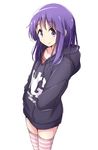  bangs black_hoodie closed_mouth clothes_writing collarbone commentary_request cowboy_shot eyebrows_visible_through_hair flat_chest hands_in_pockets hinata_yukari hood hoodie long_hair long_sleeves looking_at_viewer mel_(melty_pot) pink_shirt purple_eyes purple_hair shirt simple_background smile solo standing striped striped_legwear thighhighs undershirt white_background yuyushiki 