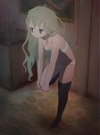  1girl bags_under_eyes black_legwear blonde_hair blue_eyes dark expressionless female hasukawa_isaburou indoors long_hair messy_hair original panties small_breasts solo standing_on_one_leg thighhighs underwear underwear_only 