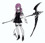  black_dress boots bracelet braid commentary_request dress eyebrows_visible_through_hair fishnet_legwear fishnets full_body hair_between_eyes high_heel_boots high_heels highres holding holding_weapon jewelry long_hair looking_at_viewer maruchi open_mouth purple_eyes purple_hair scythe simple_background solo standing thighhighs weapon white_background 