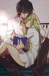  1girl arm_around_neck bangs bare_legs bed bed_sheet black_hair book breasts brown_pants c.c. closed_eyes code_geass collarbone collared_shirt commentary couple creayus day eyebrows_visible_through_hair green_hair hair_between_eyes hand_on_another's_head hetero holding holding_book hug indoors lelouch_lamperouge long_hair long_sleeves no_pants on_bed open_book pants pillow purple_eyes reading shirt sitting sketch sleeping sleeping_upright small_breasts sunlight underboob very_long_hair white_shirt wing_collar 