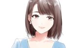  brown_eyes brown_hair collarbone commentary_request earrings flower_earrings jewelry jpeg_artifacts light_smile lips looking_at_viewer morinaga_miki original parted_lips portrait short_hair simple_background solo white_background 