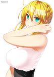  ahoge artoria_pendragon_(all) artoria_pendragon_(lancer) blonde_hair blue_eyes breasts commentary_request fate/grand_order fate_(series) hair_up hand_in_hair highres large_breasts looking_at_viewer mattari_yufi parted_lips shirt sidelocks simple_background sleeveless sleeveless_shirt smile solo twitter_username upper_body white_background 