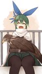  :d ^_^ ^o^ animal animal_on_lap bird black_legwear blue_bow blush bow brown_gloves cloak closed_eyes commentary_request eagle eyebrows_visible_through_hair facing_viewer flower gloves green_hair green_skirt hair_between_eyes hair_bow hair_flower hair_ornament highres kaginoni long_hair long_sleeves open_mouth original pantyhose pleated_skirt ponytail railing selenoah sitting skirt smile solo white_cloak 