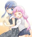  bangs blue_eyes blue_hair casual dress hug hug_from_behind long_hair magia_record:_mahou_shoujo_madoka_magica_gaiden mahou_shoujo_madoka_magica multiple_girls nanami_yachiyo open_mouth pink_hair pleated_skirt polka_dot polka_dot_dress school_uniform skirt smile sweater_vest tamaki_iroha usami_wataru 