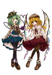  alternate_costume argyle argyle_legwear black_legwear blonde_hair blue_skirt bow brown_bow brown_footwear casual contemporary fang flandre_scarlet full_body green_eyes green_hair green_hat hat hat_bow heart heart_of_string high-waist_skirt highres karua_m komeiji_koishi leaning_forward lifted_by_self long_hair long_sleeves looking_at_viewer miniskirt multiple_girls one_eye_closed open_mouth pantyhose pleated_skirt polka_dot red_eyes red_skirt shoe_bow shoes skirt skirt_lift smile suspenders third_eye touhou transparent_background wings 